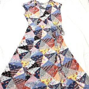 Gap V-Neck Wrap Quilted Look Boho Maxi Dress Multi-color Patchwork Print Sz M